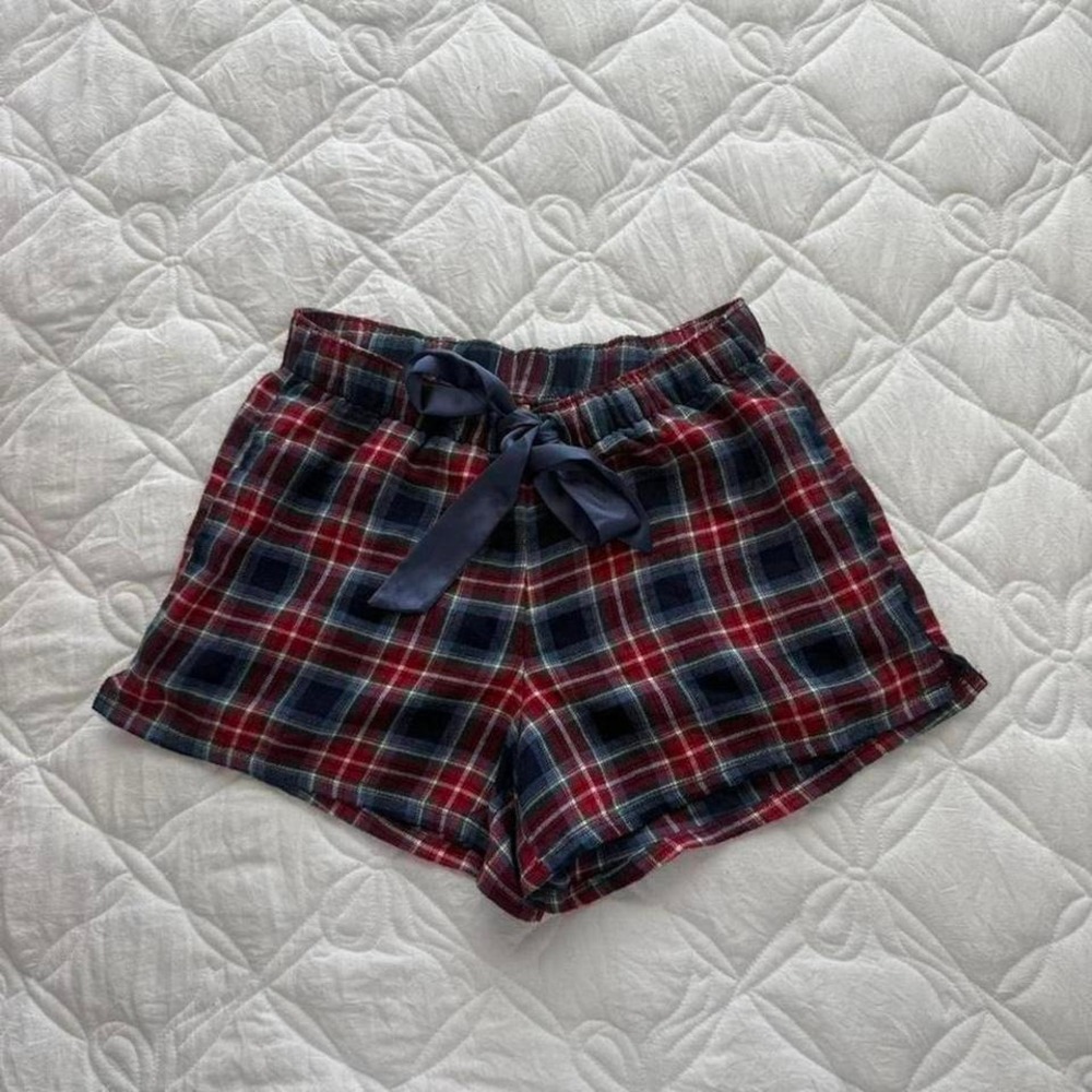 navy and red plaid pajama shorts with bow